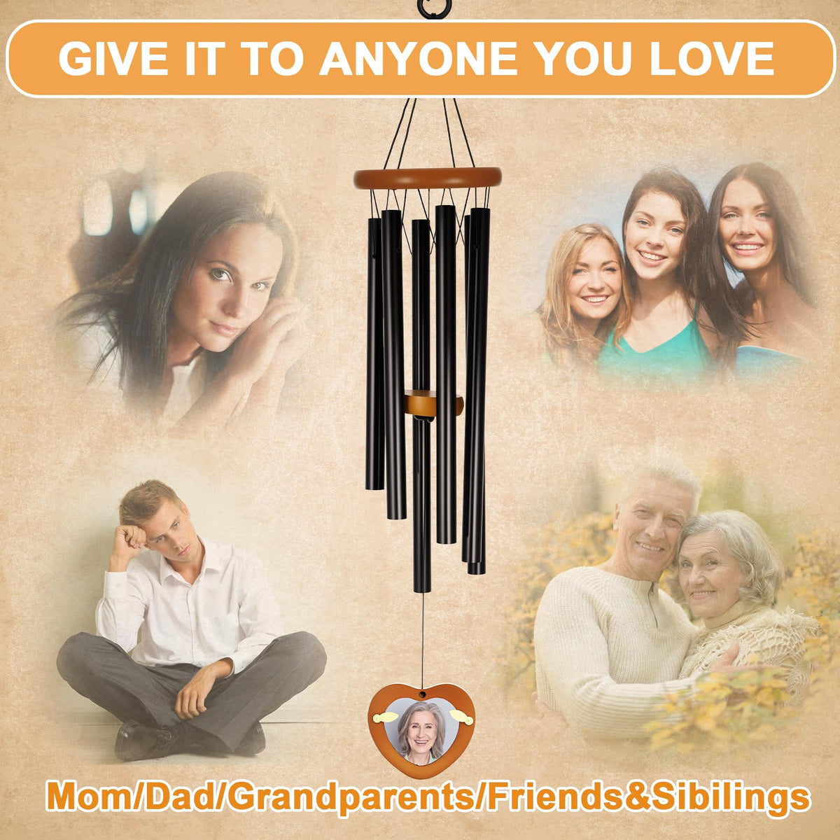 Hoemwarm wind chime showcasing a 3x3 photo frame to celebrate memories.