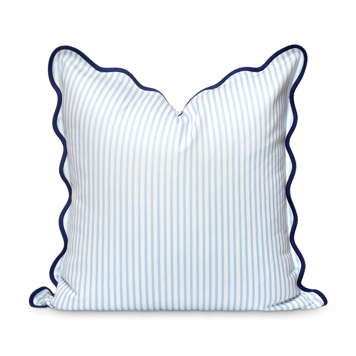 Hofdeco Premium coastal pillow cover front view with baby blue stripes and scalloped edge