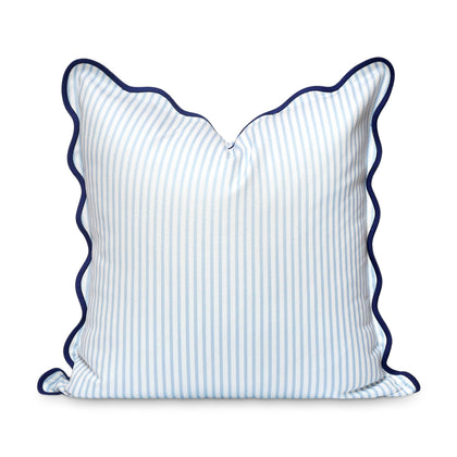 Hofdeco Premium coastal pillow cover front view with baby blue stripes and scalloped edge