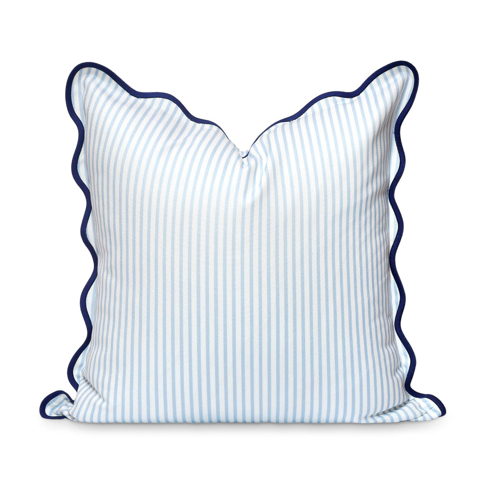 Hofdeco Premium coastal pillow cover front view with baby blue stripes and scalloped edge