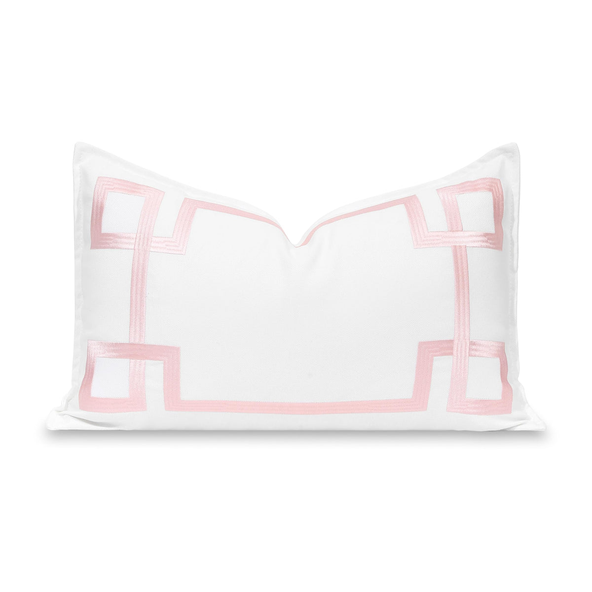 Hofdeco Premium coastal lumbar cover in blush embroidery for 12x20 cushions, outdoor-ready.