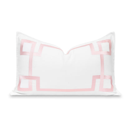 Hofdeco Premium coastal lumbar cover in blush embroidery for 12x20 cushions, outdoor-ready.