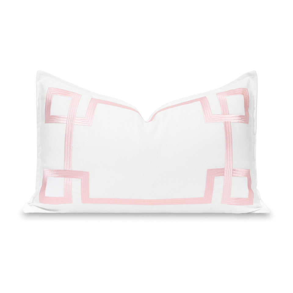 Hofdeco Premium coastal lumbar cover in blush embroidery for 12x20 cushions, outdoor-ready.