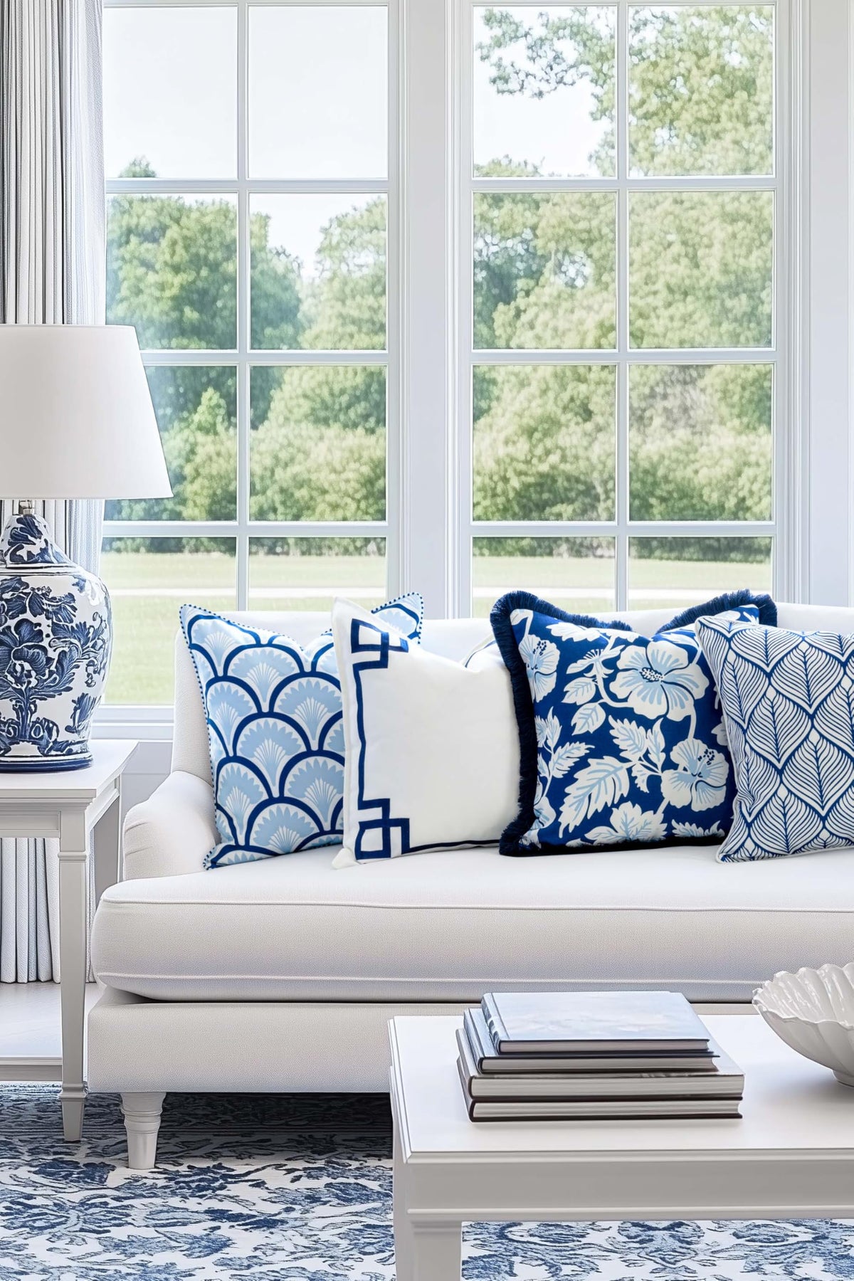 Hofdeco Premium palm print closeup highlights vibrant blue tones and tropical vibe.