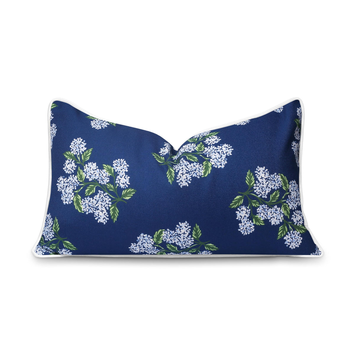 Hofdeco Premium Coastal lumbar pillow cover, navy hydrangea front view, for indoor or outdoor seating.