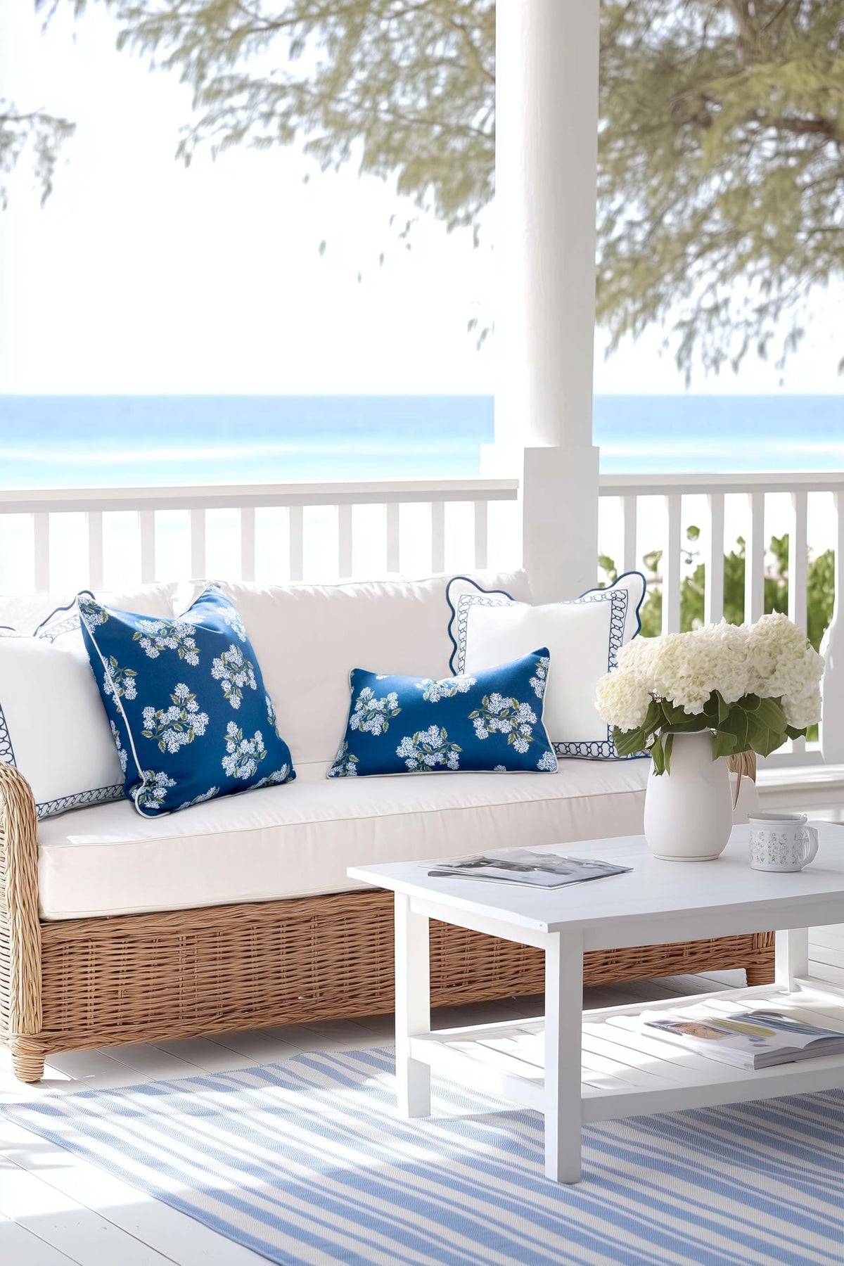 Hofdeco Premium Coastal lumbar pillow cover fabric is water-repellent for weather-ready spaces.
