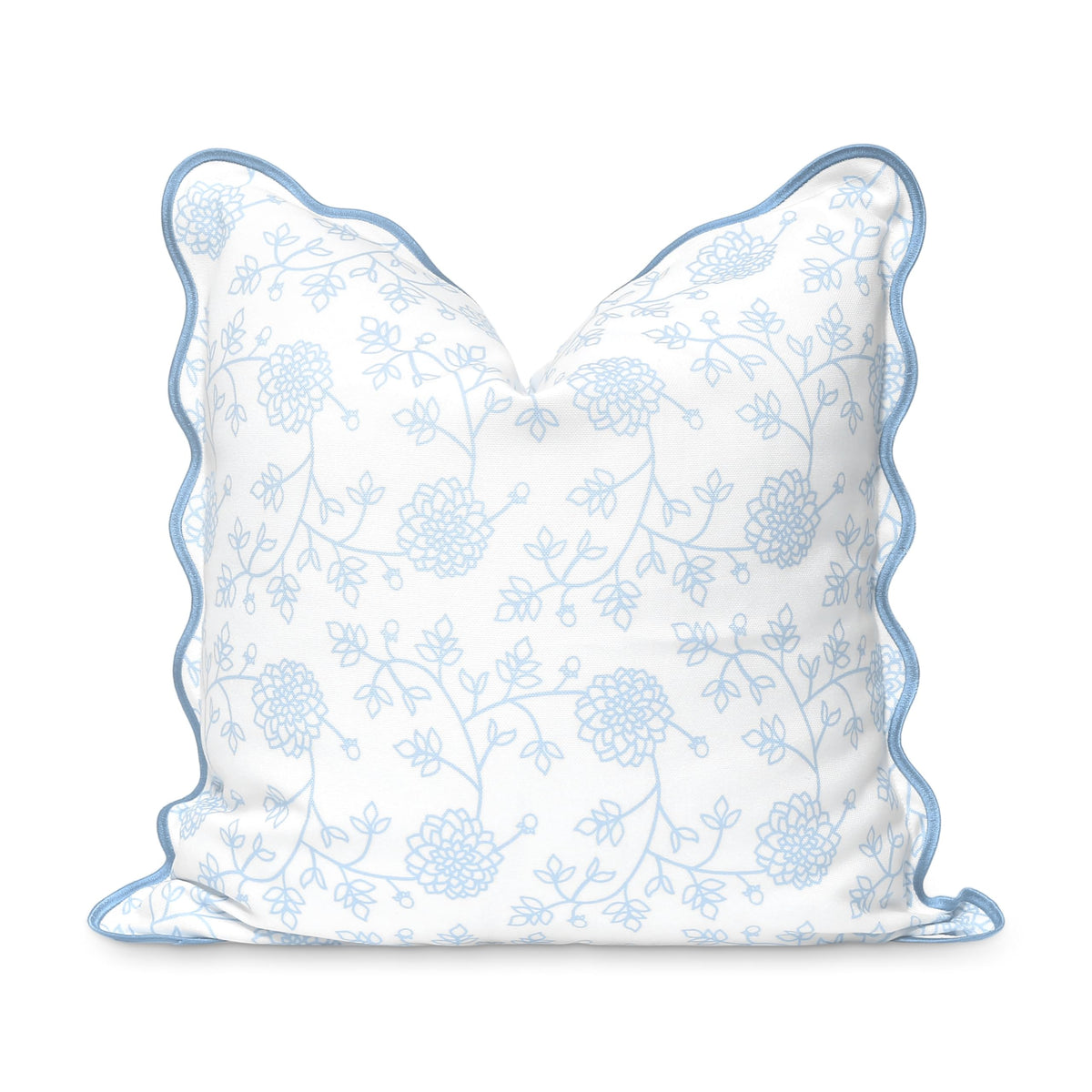 Hofdeco Premium coastal pillow cover front view with baby blue dahlia print.
