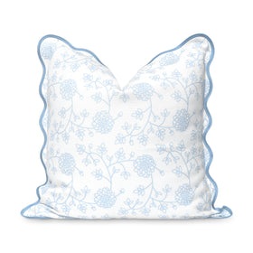 Hofdeco Premium coastal pillow cover front view with baby blue dahlia print.