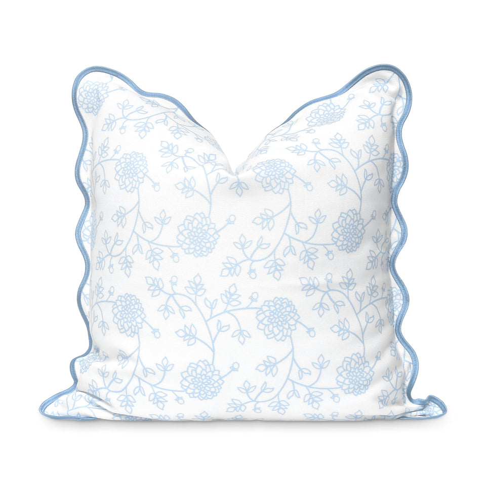 Hofdeco Premium coastal pillow cover front view with baby blue dahlia print.