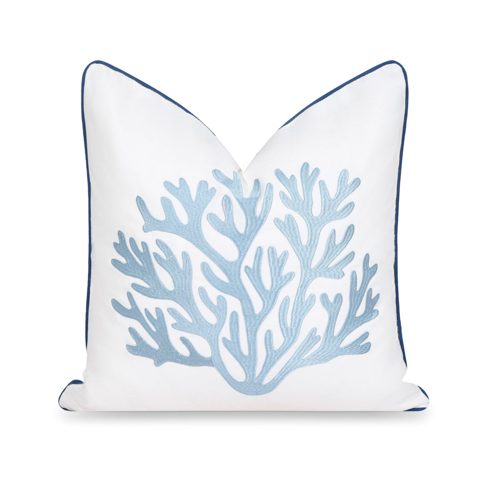 Hofdeco Premium coastal pillow cover with embroidered coral for a breezy living room feel.