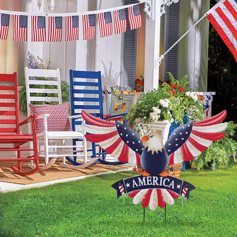 Hogardeck American eagle outdoor decor stake adds dramatic porch presence for festive seasons.