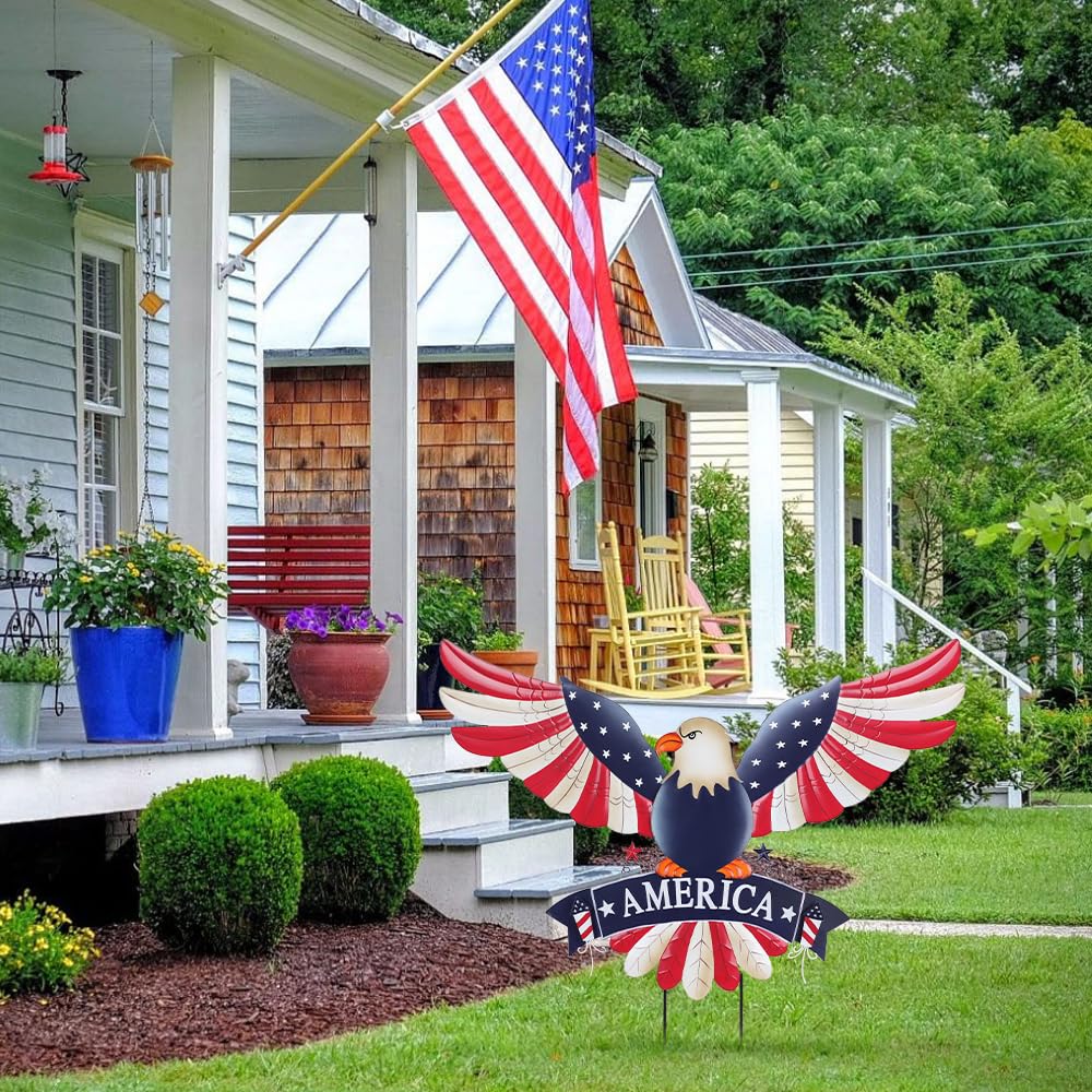 Hogardeck Memorial Day eagle garden stake features weather-resistant metal for long-lasting decor.