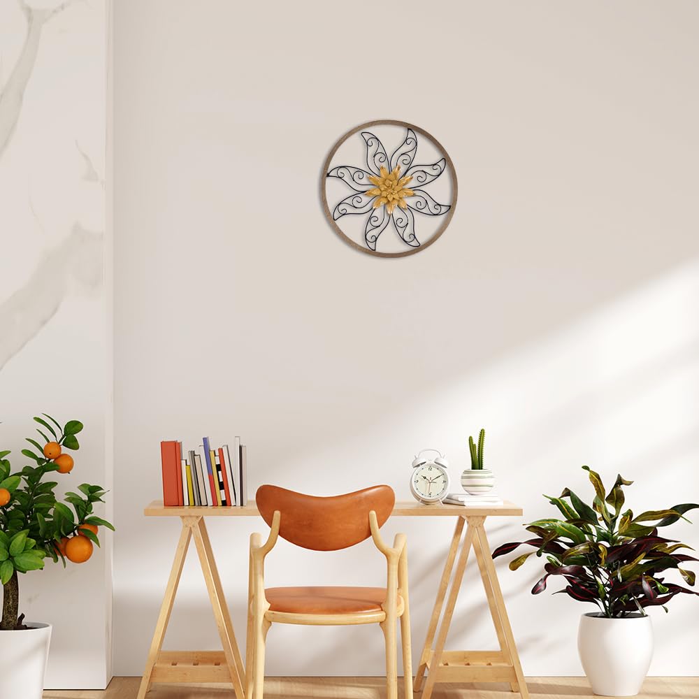 Hogardeck metal frame with decorative scrollwork enhances wall art presence.