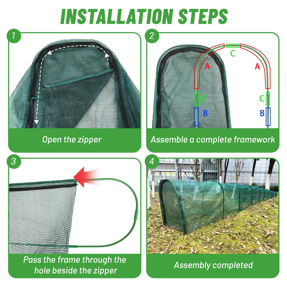 Durable, weather-resistant frame and net stand up to sun and rain.