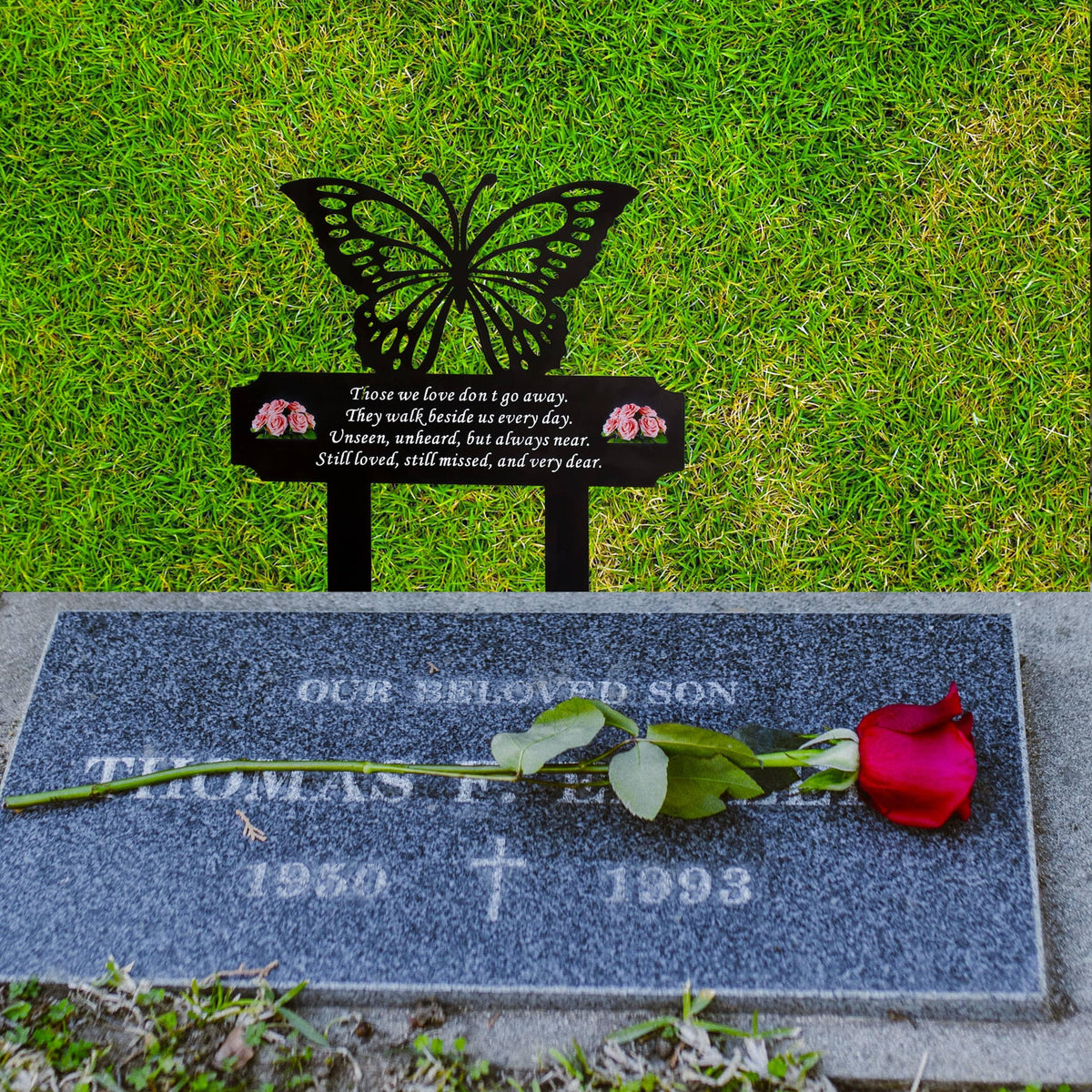HOGIKUO butterfly memorial stake rose detail highlights romantic rose motif for meaningful memorial.