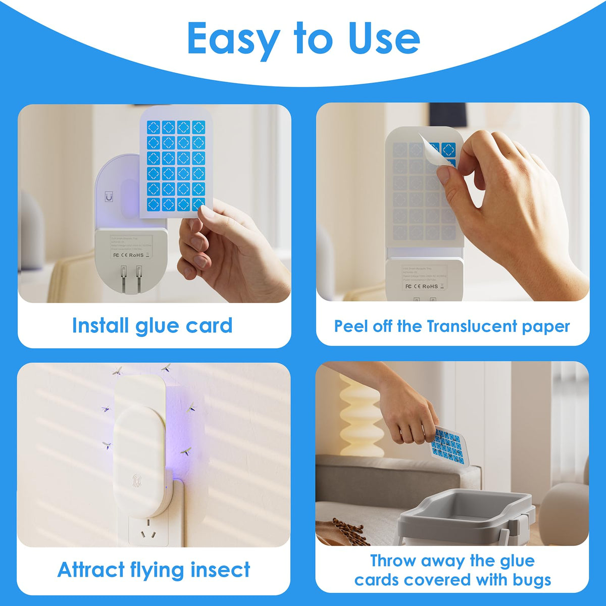 Hogius glue card close-up with arrows, illustrating secure fit and easy-replace design.