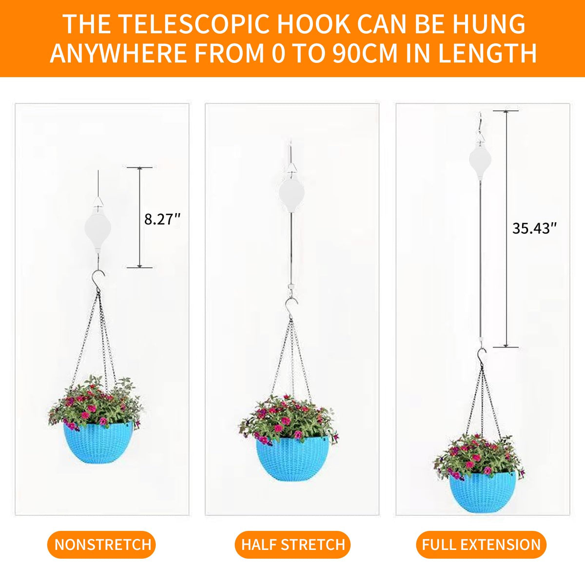HOGXUAE extended 35-inch hanger demonstrates tall hanging basket capability outdoors.