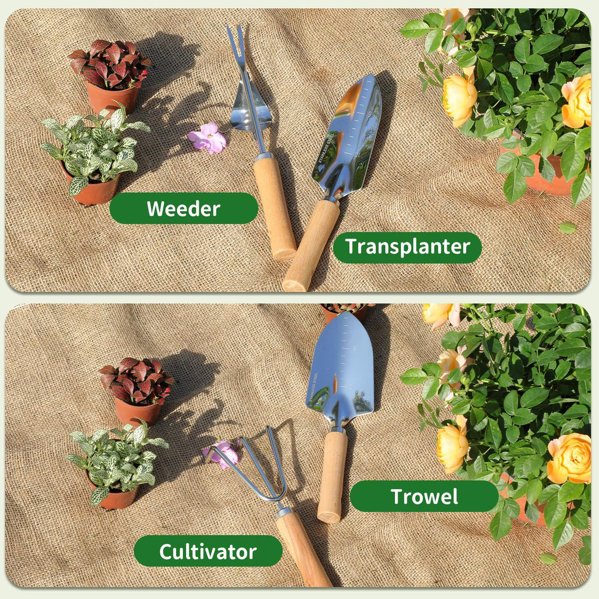 HoHaing stainless steel garden tools built to last in wet or dry conditions.