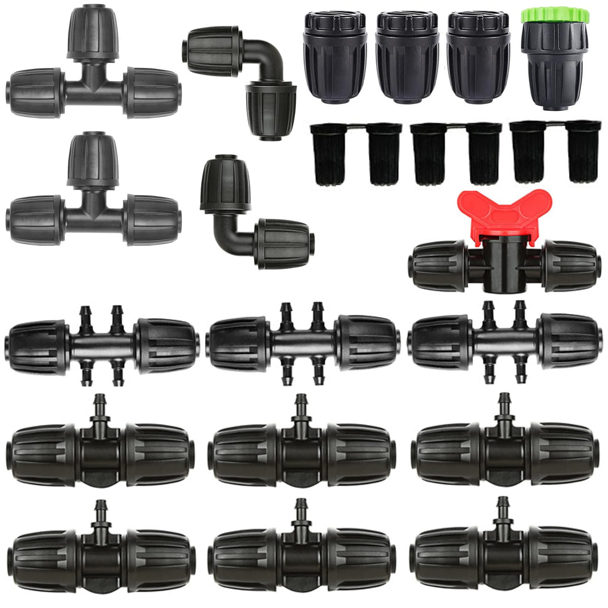 HOINCO Black drip fittings tee connects two lines for precise garden irrigation.