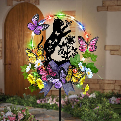 Hokfirm cat silhouette solar light with butterflies brightening garden path