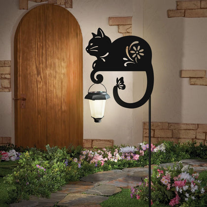 Hokfirm cat solar light outdoor stake with metal silhouette for warm garden glow.