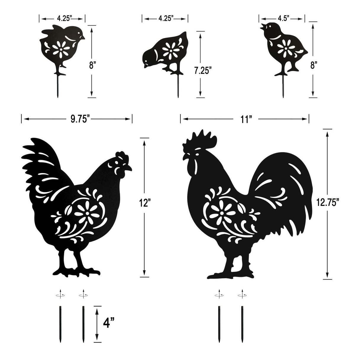 Hokfirm rooster-hen-chick set enhances porches and fences with rustic charm.