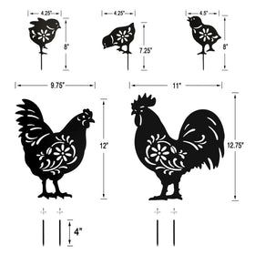 Hokfirm rooster-hen-chick set enhances porches and fences with rustic charm.