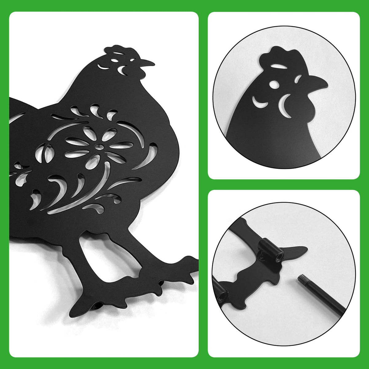 Hokfirm black finish chicken decor withstands rain and sun.