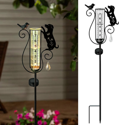 Hokfirm rain gauge dog stake outdoors with clear yard readings