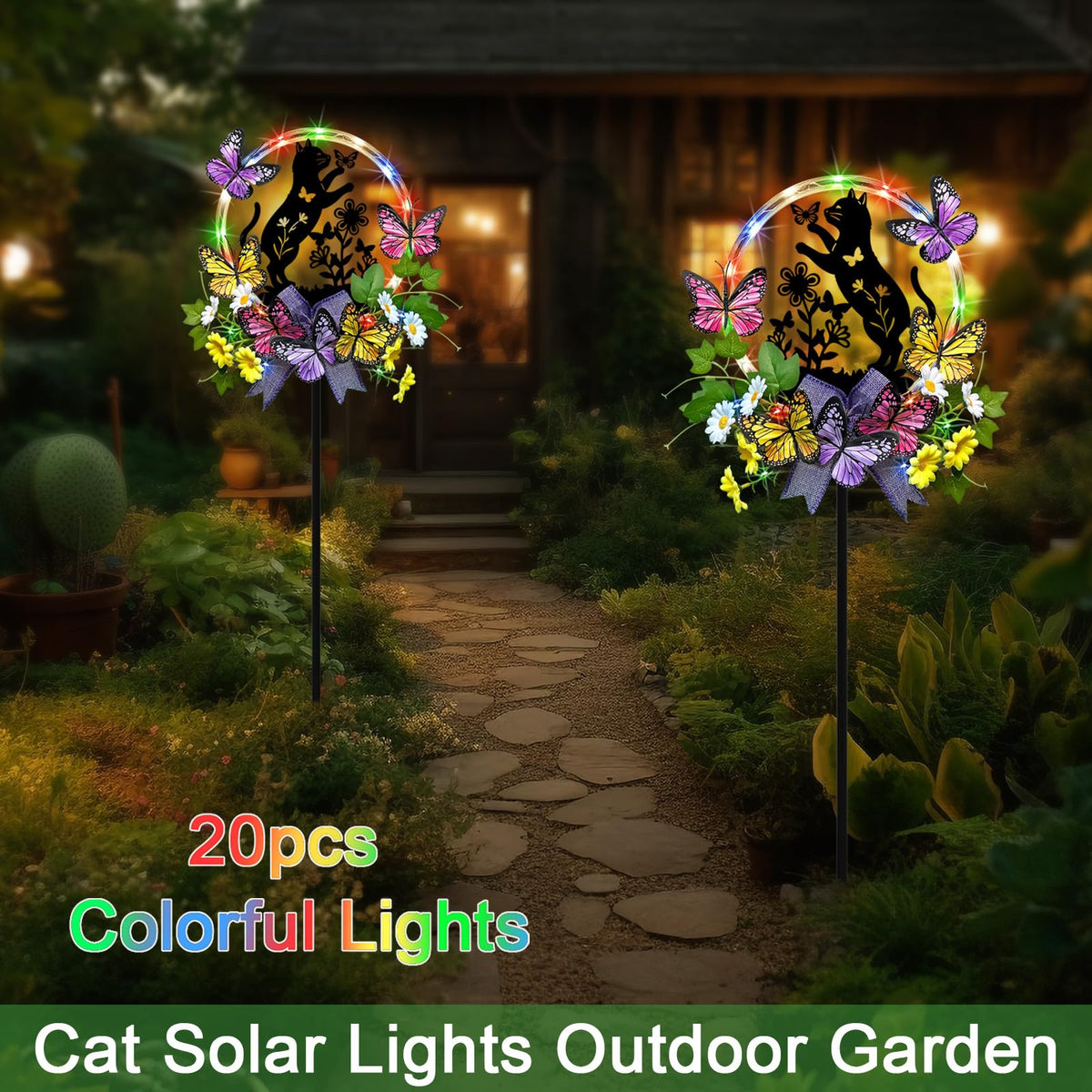 Hokfirm solar cat statue with daisies for patio ambiance