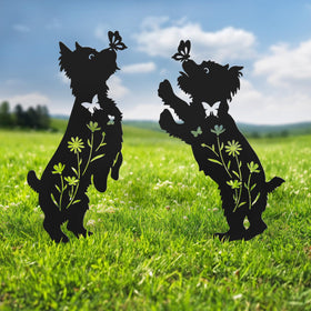 Hokfirm Yorkie garden stake set – front view, durable outdoor yard décor.