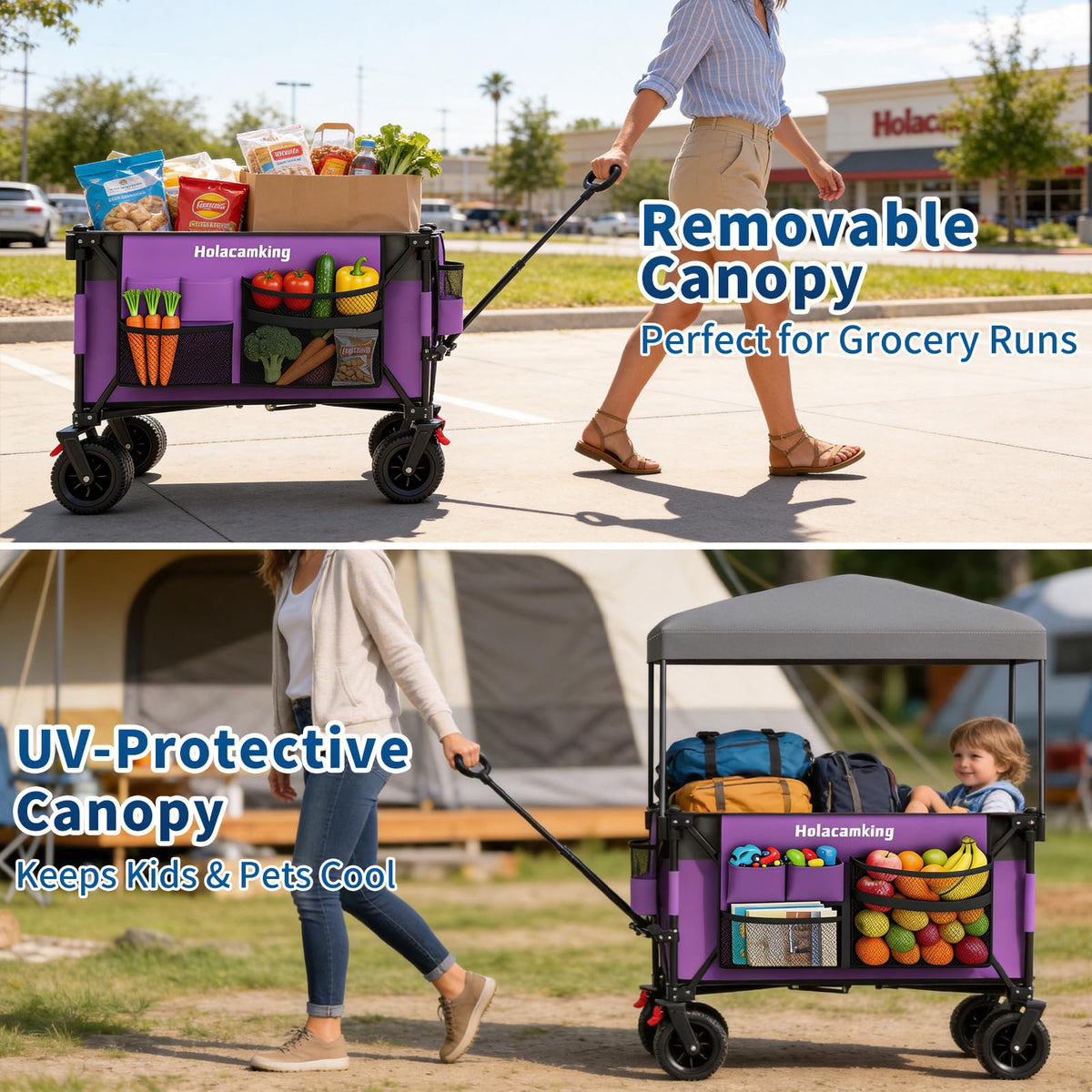 Holacamking wagon features dual brakes for stable parking on uneven terrain.