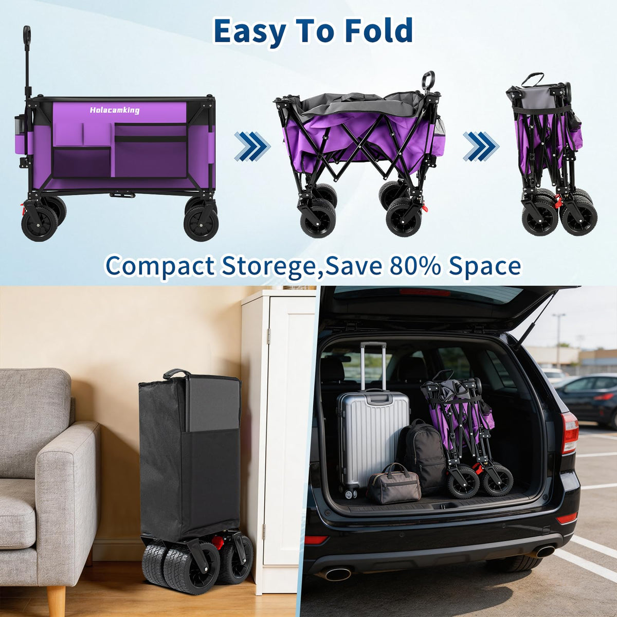 Holacamking foldable shopping cart saves trunk space when not in use.