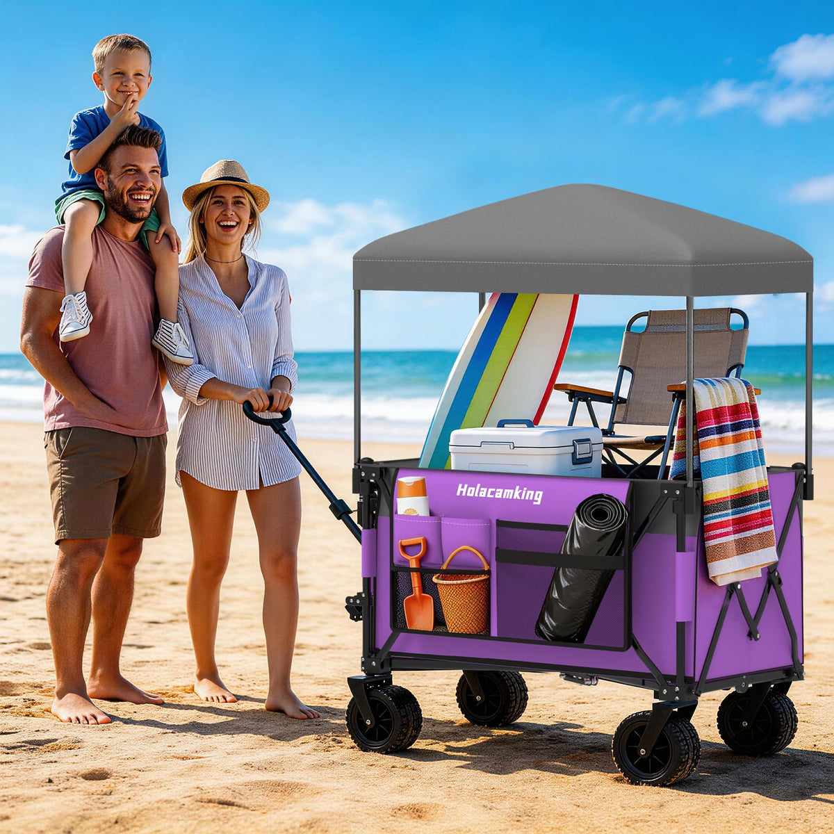 Holacamking wagon with all-terrain big wheels for versatile movement on sand, grass, and gravel.