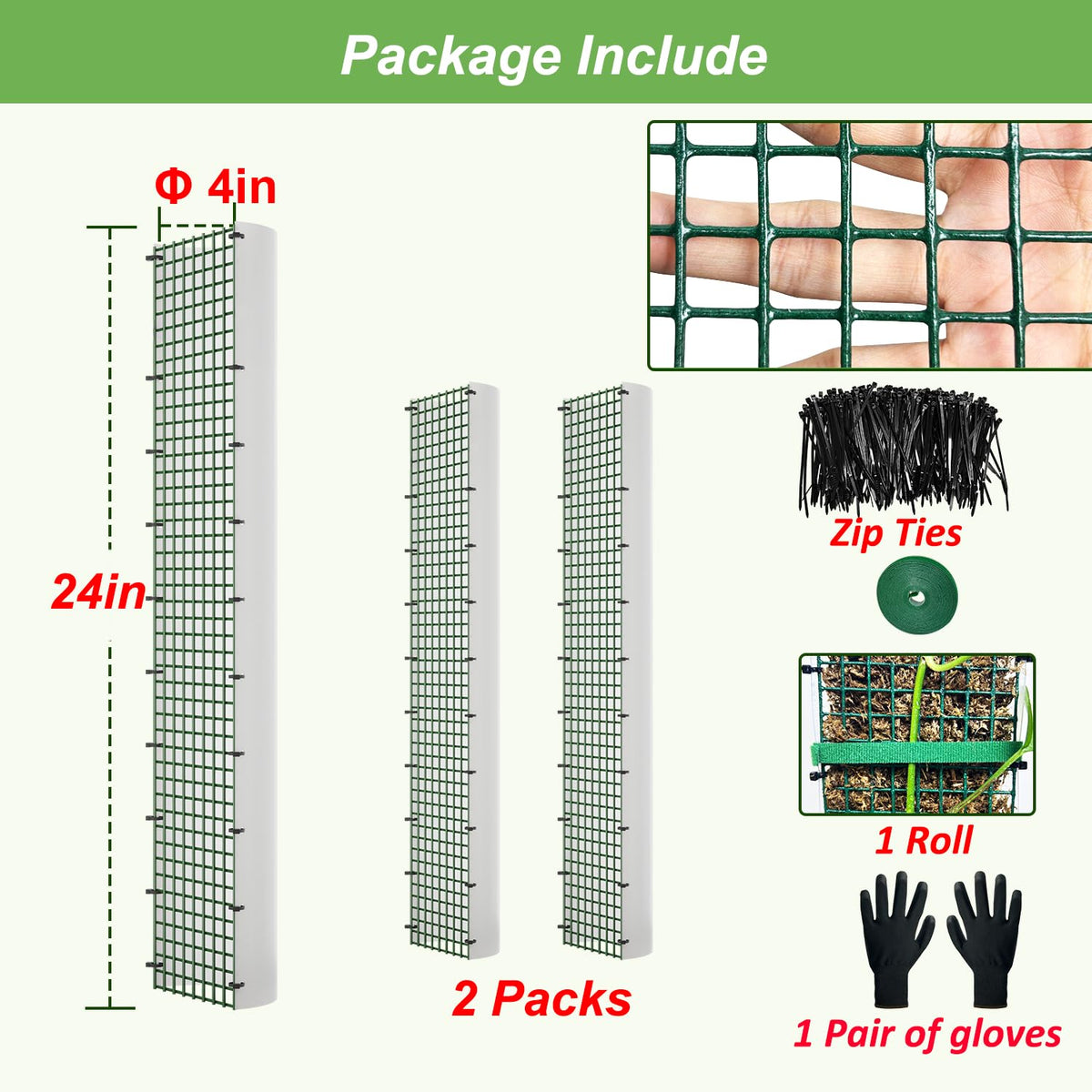 Includes garden ties and gloves for easy installation with Holanhing poles.