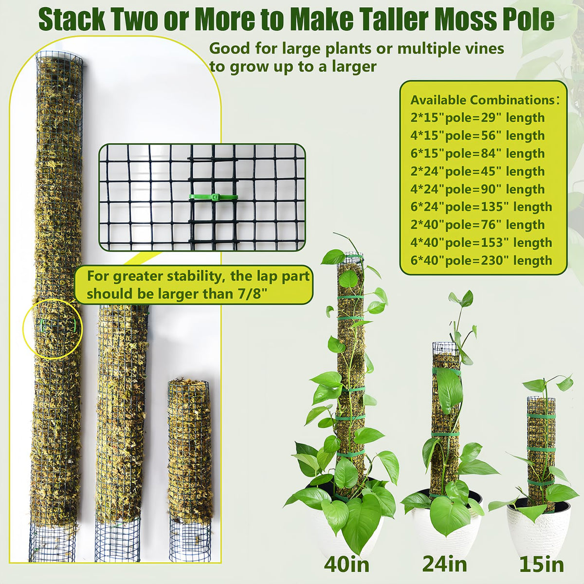 HOLANHING stackable moss pole 40inch shows adjustable height for growing vines.