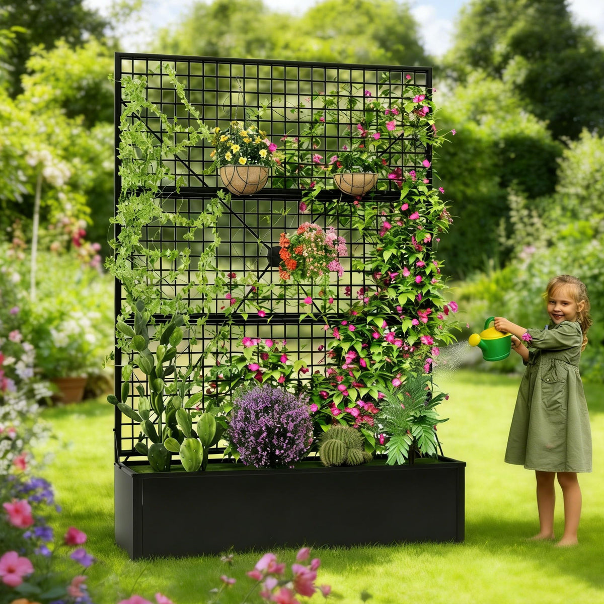 HOLCEPZN planter box demonstrates climbing plants against a green privacy wall.