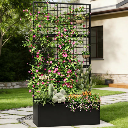 HOLCEPZN privacy planters with trellis support climbing plants on a sunny patio.