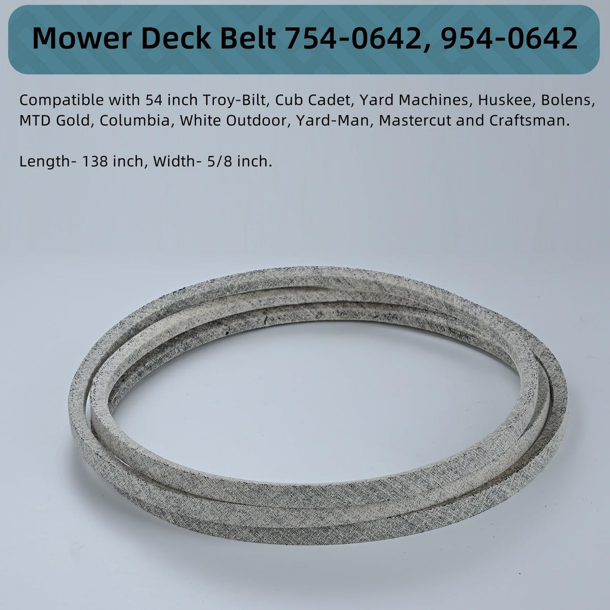 Holdly 138-inch by 5/8-inch belt specifications for riding mowers.