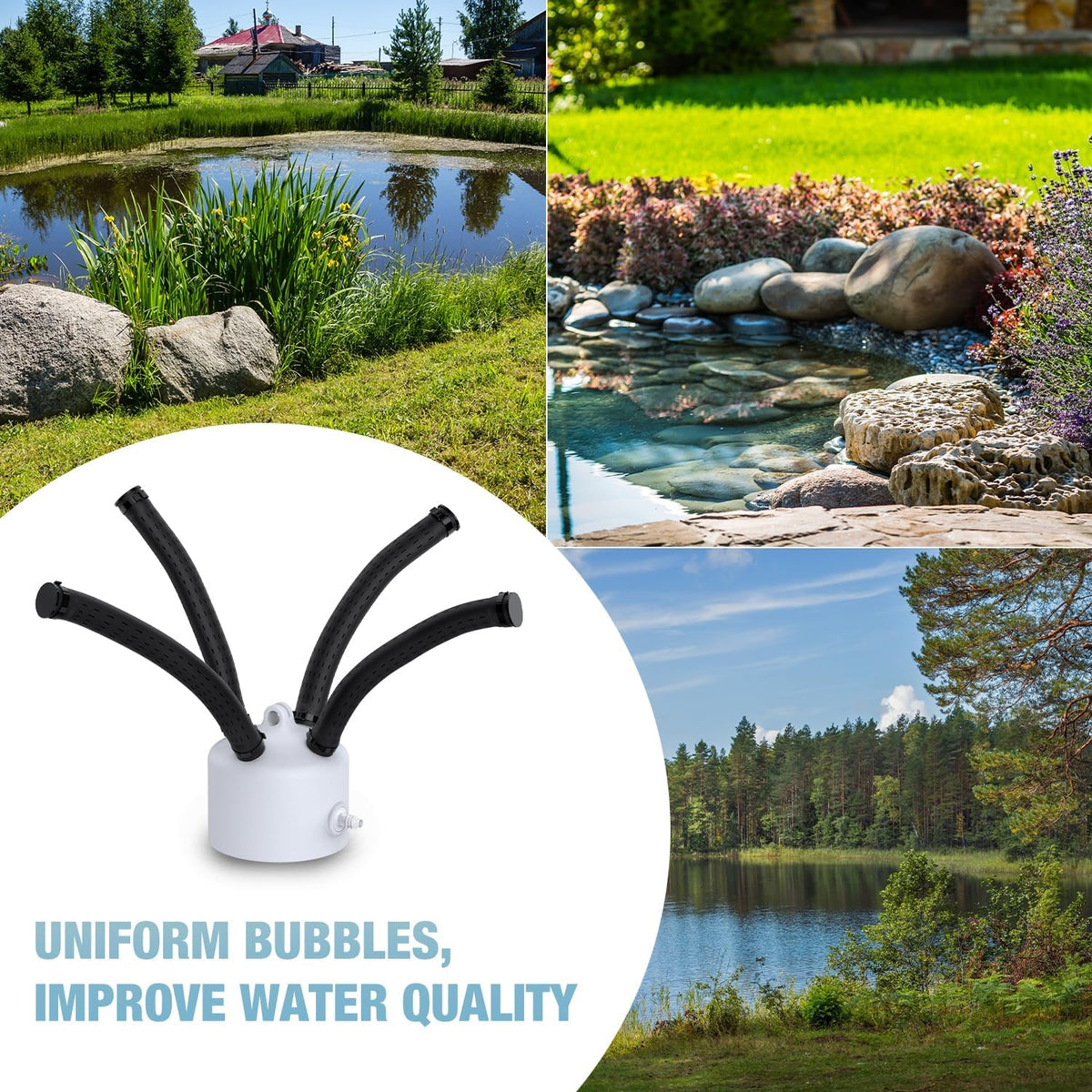 Holdly water circulation bubbles improve pond flow and reduce dead zones.
