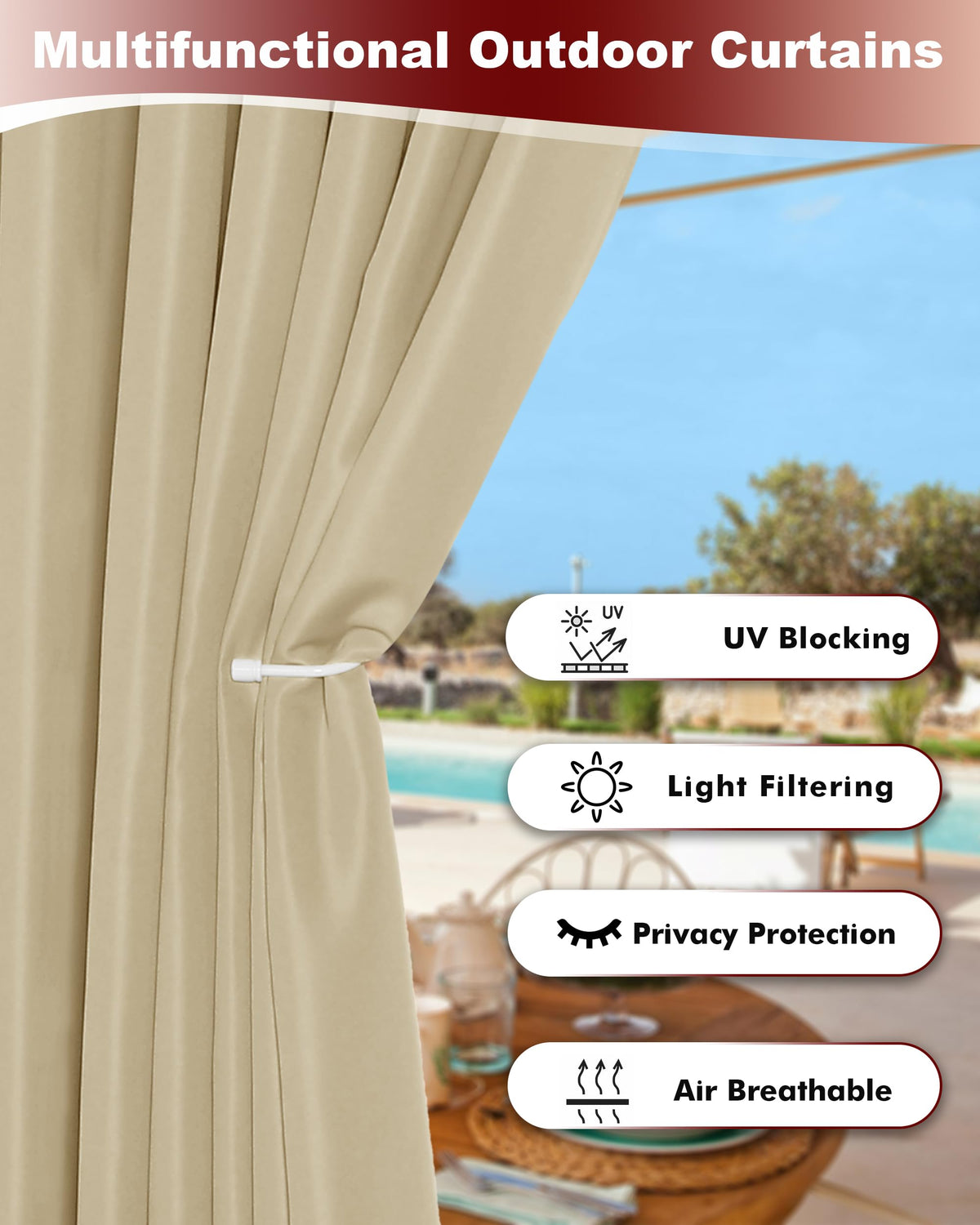 HolidayIdeas cream curtains provide elegant shade for pergolas and patios