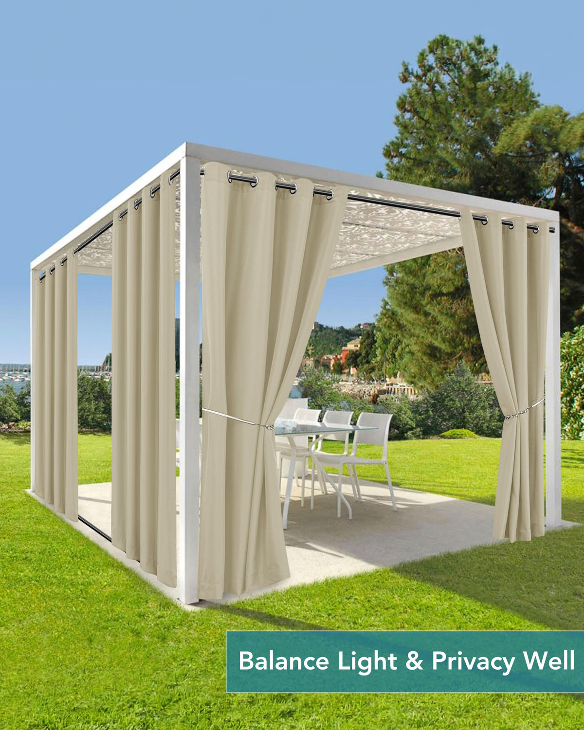HolidayIdeas privacy-oriented cream curtains provide shade for outdoor gatherings.