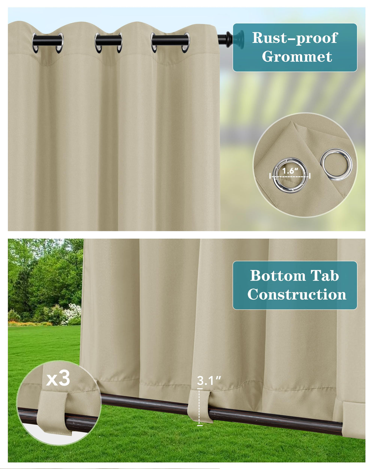 HolidayIdeas cream fabric close-up shows waterproof weave and durable texture.