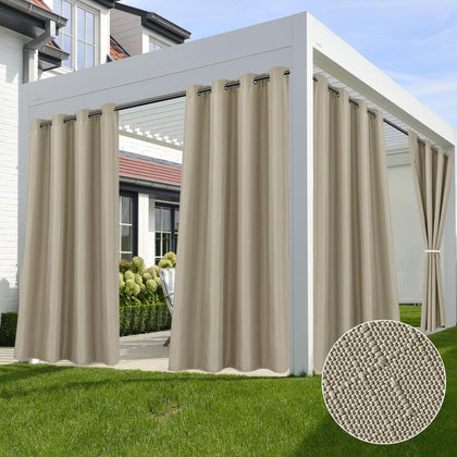 HolidayIdeas outdoor curtains for patio in taupe linen, 54x84, offering privacy and shade.