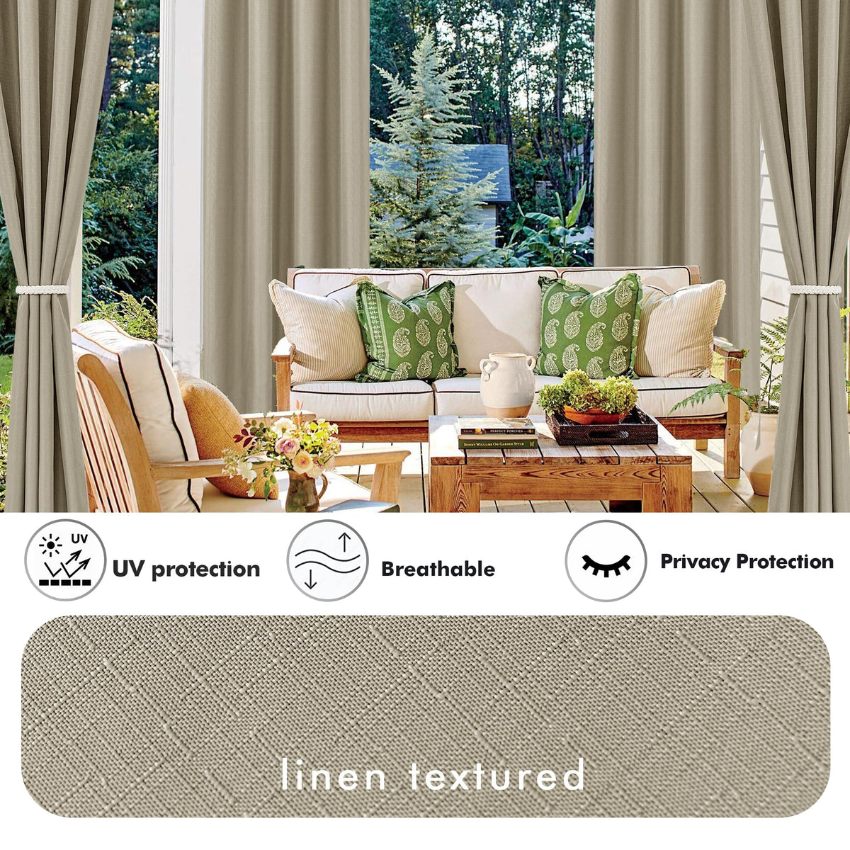 HolidayIdeas weatherproof curtains for patio, 54x84, deliver light filtration with taupe appeal.