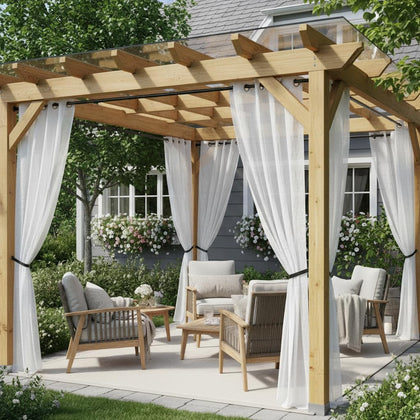 HolidayIdeas white outdoor curtain panel close-up shows durable linen-blend weave for privacy