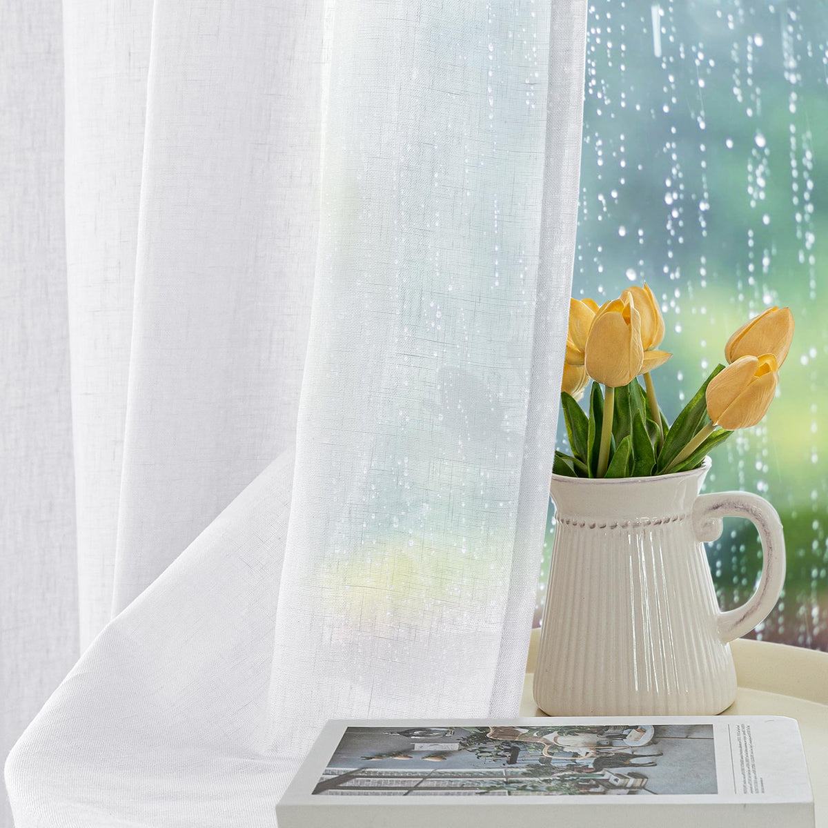 HolidayIdeas white outdoor curtain on porch with sturdy grommets and clean look