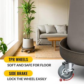 HOLKIE plant caddy 360° swivel wheels with brake allow precise, quiet placement.