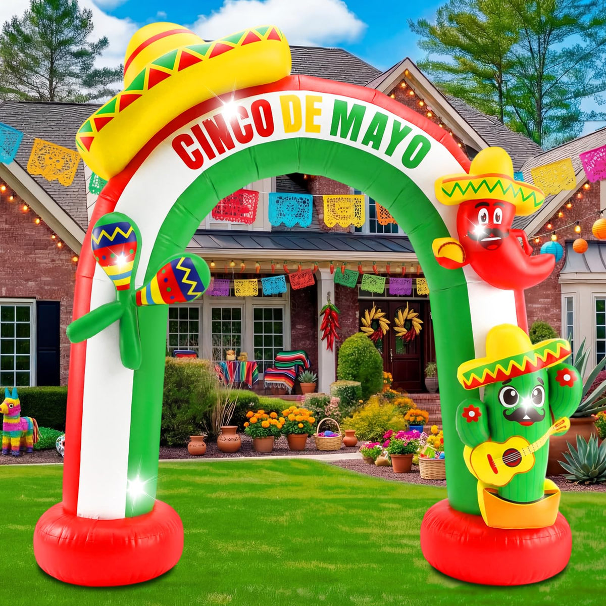 Hollowfly Cinco de Mayo arch with sombrero top lit for festive entrances.