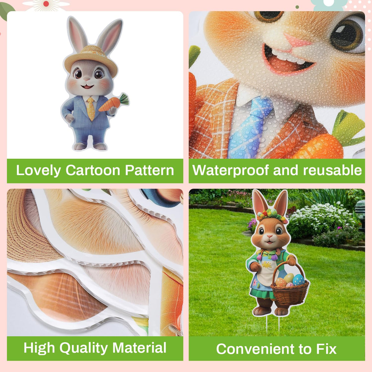 HOLYFUN bunny designs welcome guests on doors and lawns.